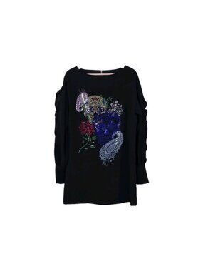 Mangano Tunic Dress 8 Black Dual Sugar Skull Rhinestone Floral Maximalist Glam